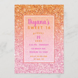 Orange Pink Sunset Glitzer Sweet 16 Birthday Party Einladung