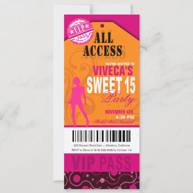 Orange, Pink und Fuschia VIP Sweet 15 Ticket Einladung (Vorderseite)