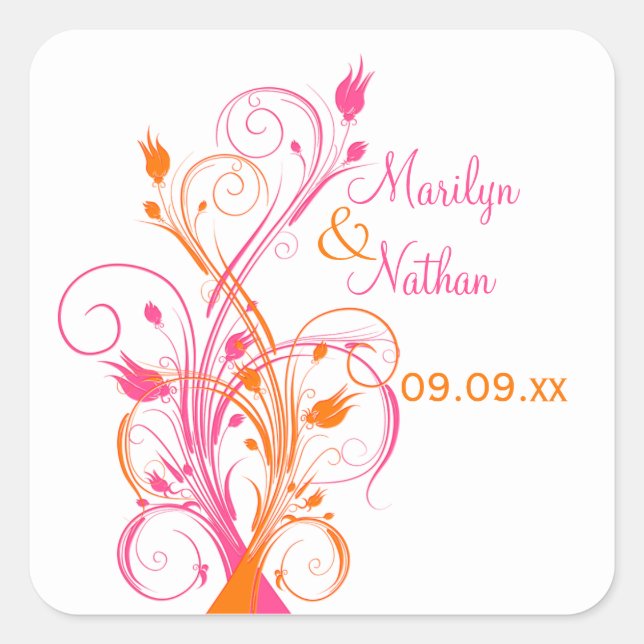 Orange Pink White Floral 1,5" Hochzeitsaufkleber Quadratischer Aufkleber (Vorderseite)