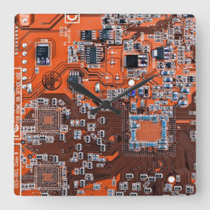 Orange-Platine für Computergeek-Schaltkreise Quadratische Wanduhr