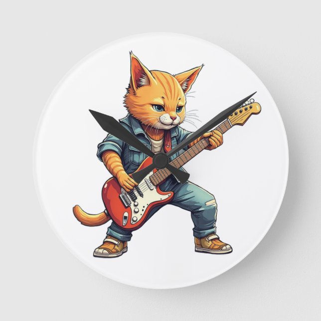 Orange Playing Guitar Runde Wanduhr (Vorderseite)