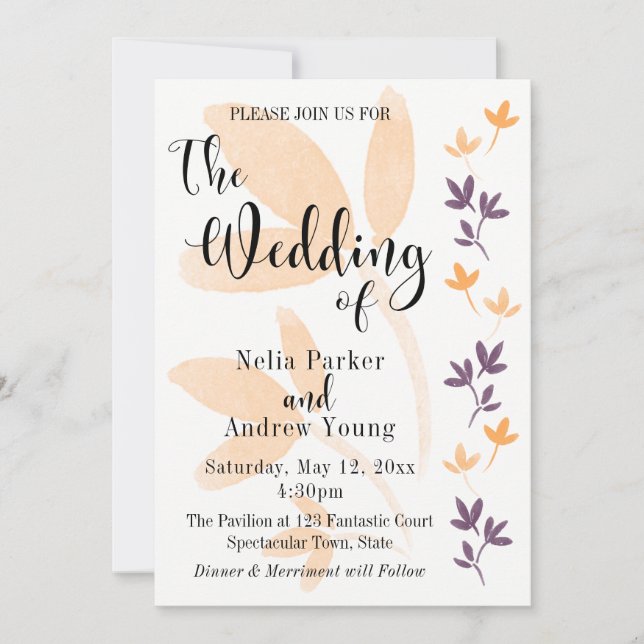 Orange & Plum Blätter Hübsche Typografie Hochzeit Einladung (Vorderseite)