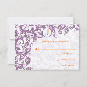 Orange Plum Damask Monogram Wedding Einladung