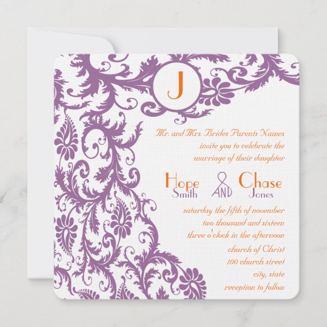 Orange Plum Damask Monogram Wedding Einladung (Vorderseite)