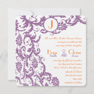 Orange Plum Damask Monogram Wedding Einladung