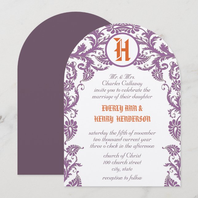Orange Plum Damask Monogram Wedding Einladung (Vorne/Hinten)