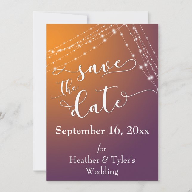 Orange Plum Ombre & Light Strings Save the Date (Vorderseite)