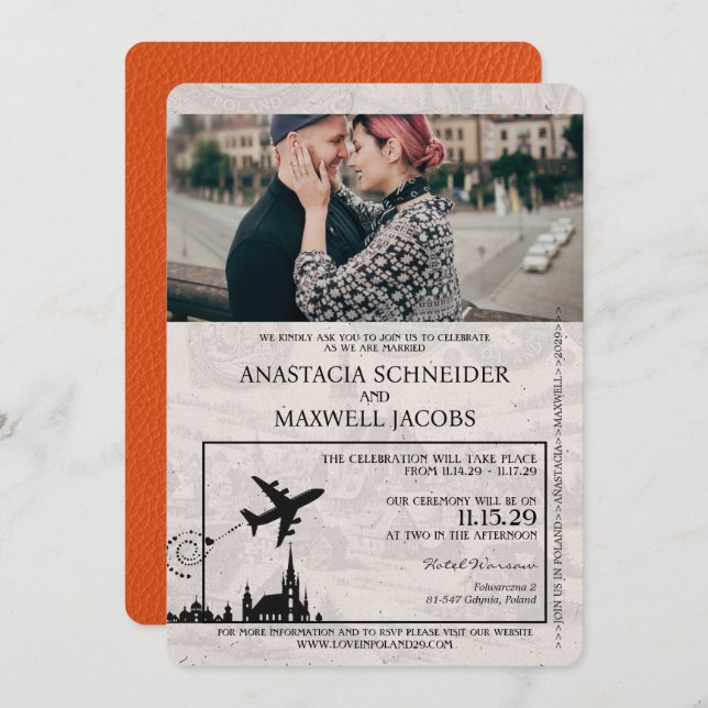 Orange Poland Passport Wedding Einladung (Vorne/Hinten)