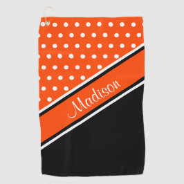 Orange Polka Dot Black Diagonal Script Name Golfhandtuch
