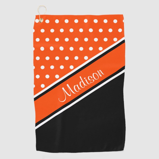 Orange Polka Dot Black Diagonal Script Name Golfhandtuch (Vorderseite)