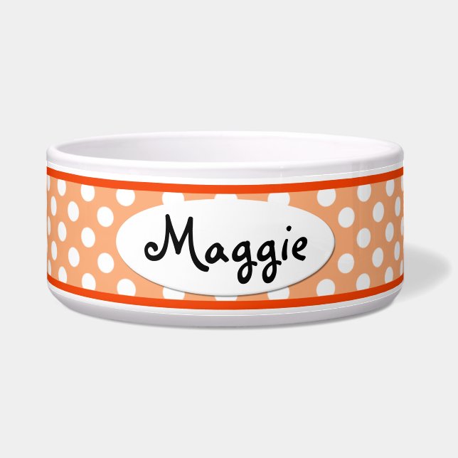 Orange Polka Dot Personalisierte Keramik Dog Bowl Napf (Vorderseite)