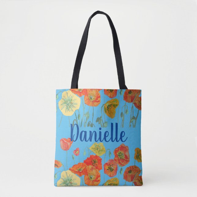 Orange Poppies blue floral Blume Girl Name Bag (Vorderseite)