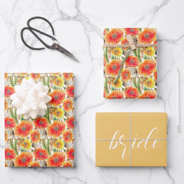 Orange Poppies Bridal Wedding Geschenkpapier Set (Vorderseite)
