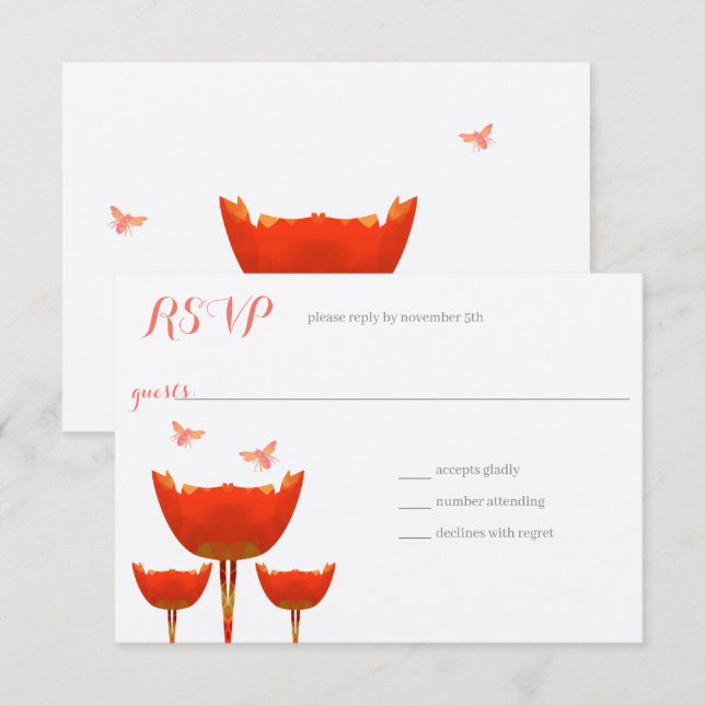 Orange Poppies & Bumble Bees Wedding Einladung (Vorne/Hinten)
