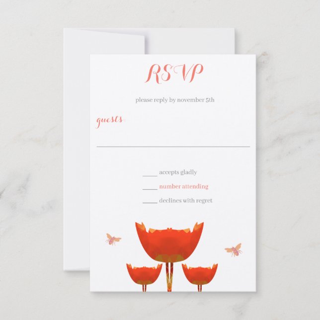 Orange Poppies & Bumble Bees Wedding RSVP Einladung (Vorderseite)