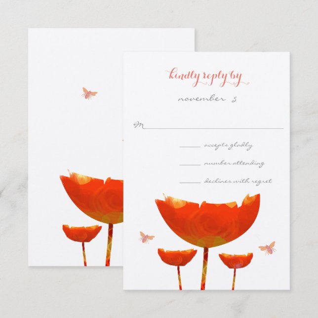 Orange Poppies & Butterflies Einladung Hochzeit (Vorne/Hinten)