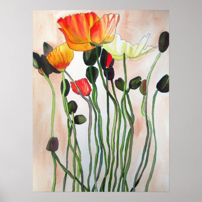 Orange Poppies originale Aquarellkunst Blume Poster (Vorne)