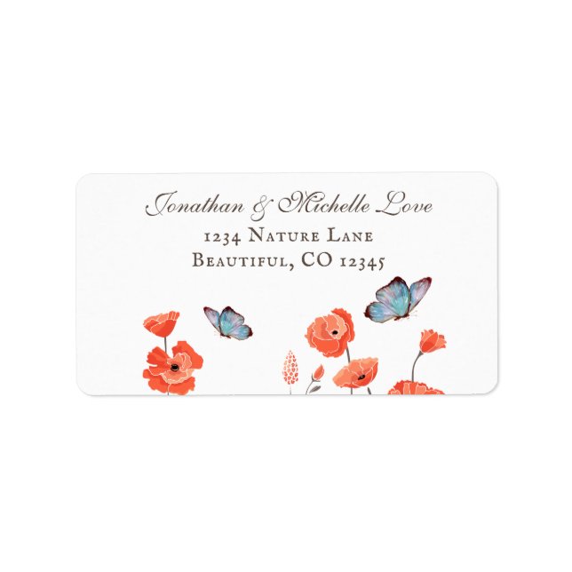 Orange Poppies und Blue Butterflies Floral Address Adressaufkleber (Vorne)