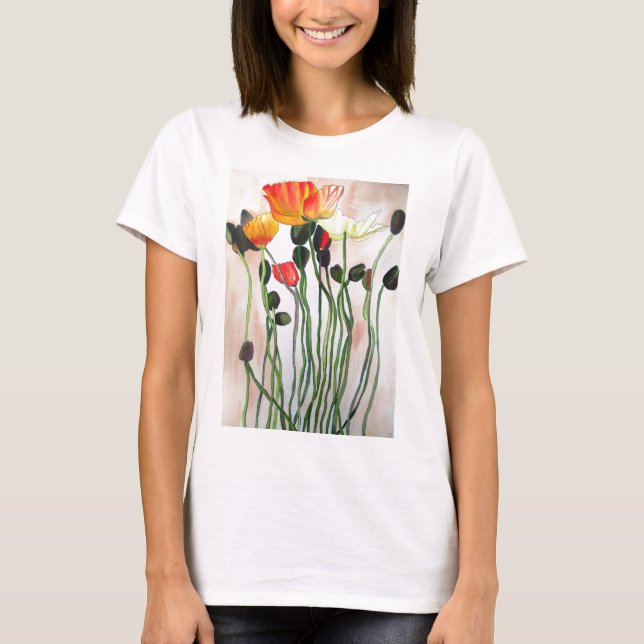Orange Poppy Blume Aquarellkunst T-Shirt (Vorderseite)