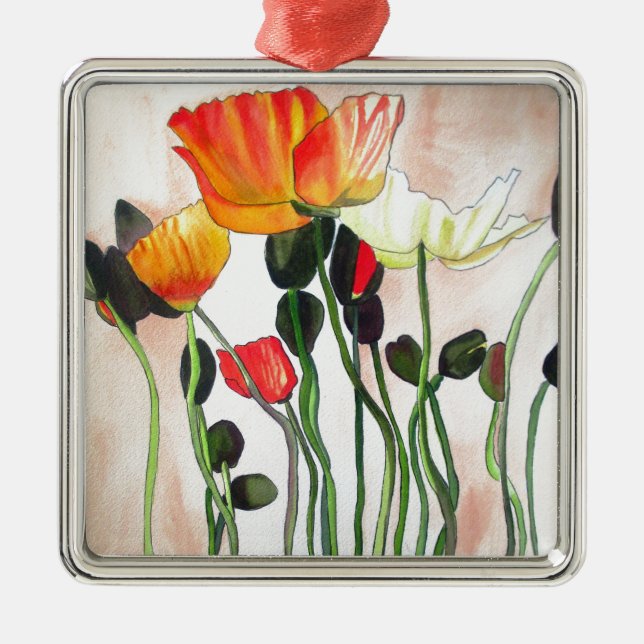Orange Poppy Blume Aquarellmalerei Silbernes Ornament (Vorne)