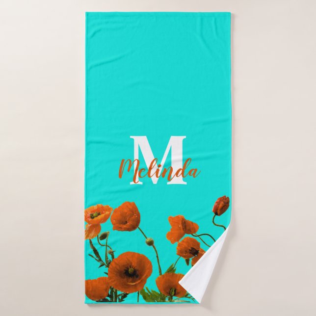 Orange Poppy Blume Floral Monogramm Anfangsname Badehandtuch (Badehandtuch)