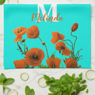 Orange Poppy Blume Floral Monogramm Anfangsname Geschirrtuch