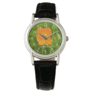Orange Poppy Blume Foto auf Grün und Individuelle Armbanduhr