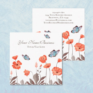 Orange Poppy Blume und Blauer Schmetterlingsgarten Quadratische Visitenkarte