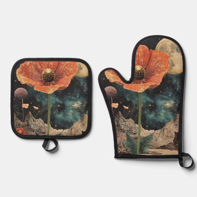 Orange Poppy Under Moonlight Ofenhandschuh & Topflappen-Set (Vorderseite)
