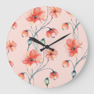 Orange Popy Watercolor: Vintages Blumendesign Große Wanduhr