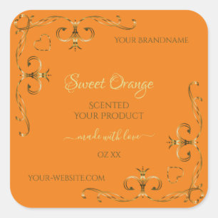 Orange Product Labels Gold Verziert Corner Borders Quadratischer Aufkleber
