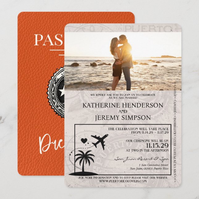 Orange Puerto Rico Passport Hochzeit Einladung (Vorne/Hinten)