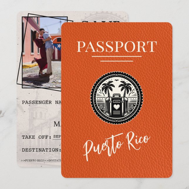 Orange Puerto Rico Passport Save The Date (Vorne/Hinten)