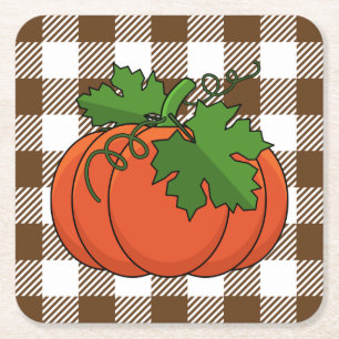 Orange Pumpkin auf weißbraunes, kariertes Muster Rechteckiger Pappuntersetzer