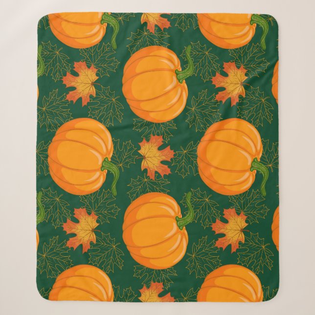 Orange Pumpkin Autumn Leaves Muster Sherpadecke (Vorderseite)