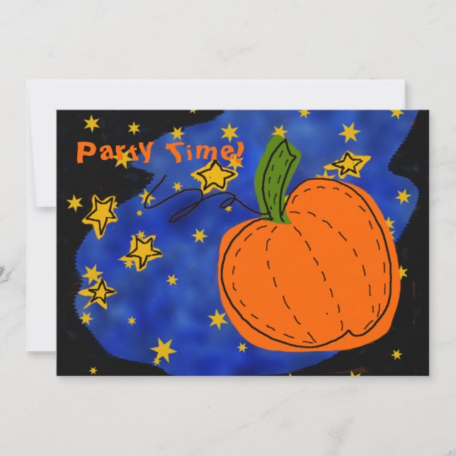 Orange Pumpkin Blue Starry Night Gold Stars Einladung (Vorderseite)