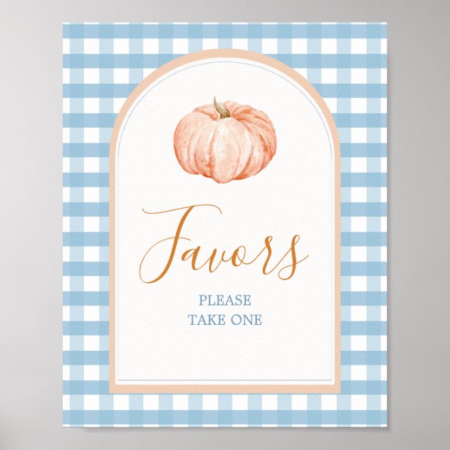 Orange Pumpkin Boho Blue Gingham Favors Sign Poster (Vorne)