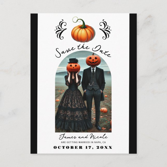 Orange Pumpkin Halloween Fall Foto Save the Date Ankündigungspostkarte (Vorderseite)