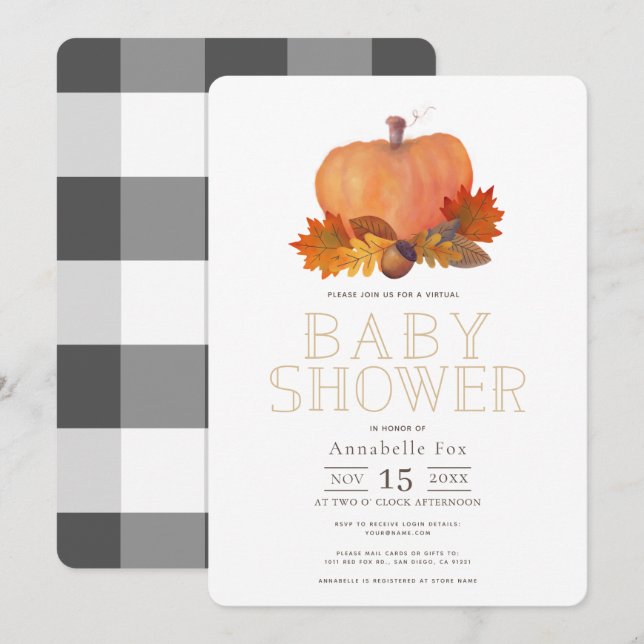 Orange Pumpkin Herbstlaubs Virtual Baby Dusche Einladung (Vorne/Hinten)