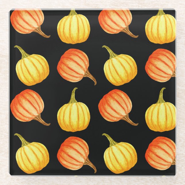 Orange Pumpkin: Nahtloses Wasserfarbmuster. Glasuntersetzer (Vorderseite)