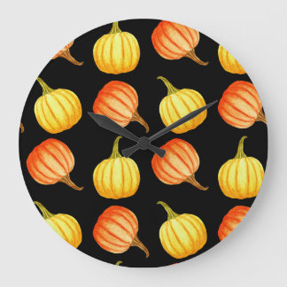 Orange Pumpkin: Nahtloses Wasserfarbmuster. Große Wanduhr