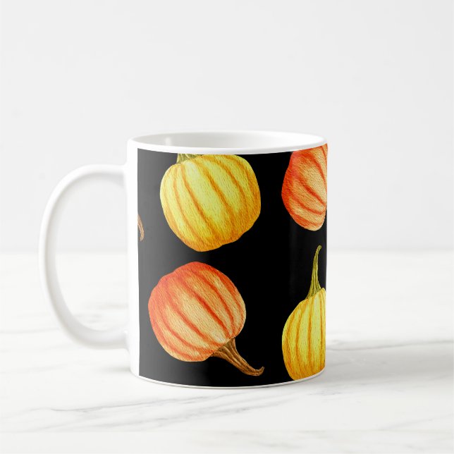 Orange Pumpkin: Nahtloses Wasserfarbmuster. Kaffeetasse (Links)