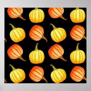 Orange Pumpkin: Nahtloses Wasserfarbmuster. Poster