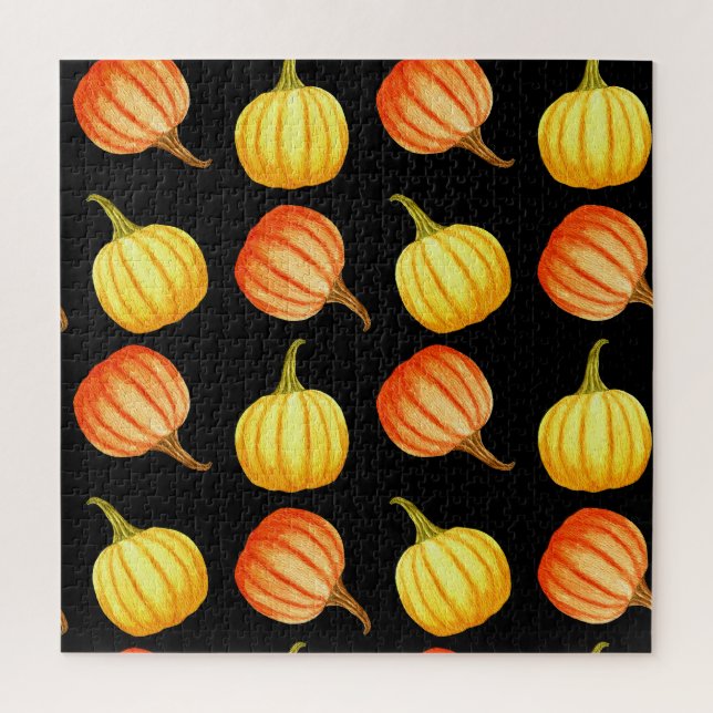 Orange Pumpkin: Nahtloses Wasserfarbmuster. Puzzle (Vertikal)
