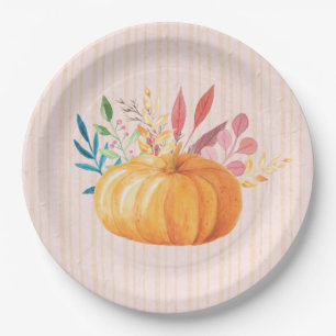 Orange Pumpkin on Pink and Gold Streifen Pappteller