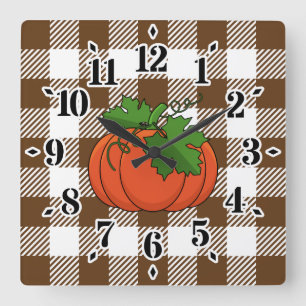 Orange Pumpkin on White Brown Checkered Pattern Quadratische Wanduhr