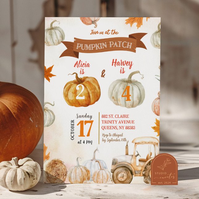 Orange Pumpkin Patch Tractor Joint Birthday Einladung (Von Creator hochgeladen)