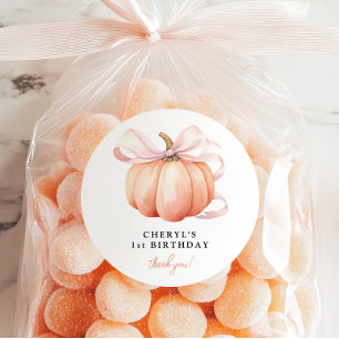 Orange Pumpkin Pink Bow 1. Geburtstag Runder Aufkleber