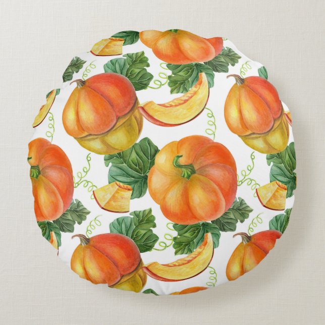 Orange Pumpkin: Sommer-Herbst Gemüsemuster. Rundes Kissen (Vorderseite)