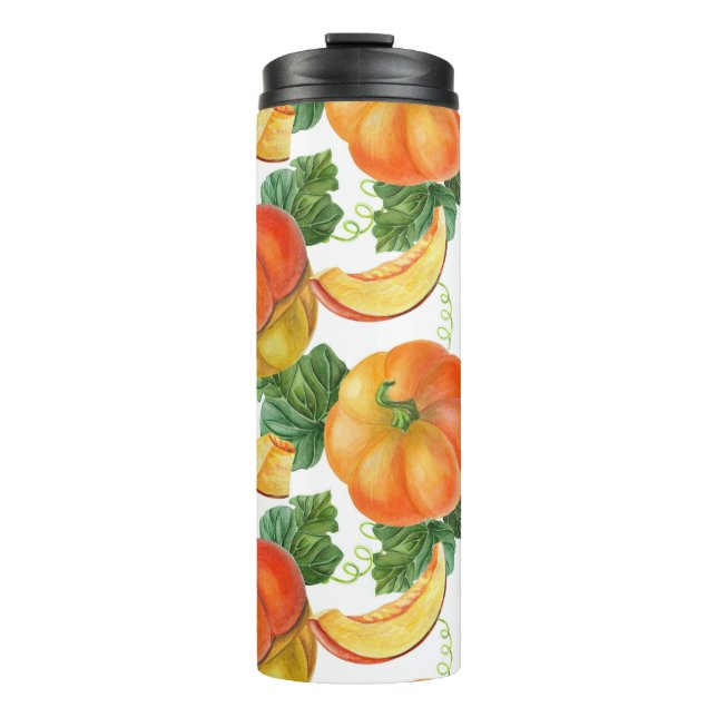 Orange Pumpkin: Sommer-Herbst Gemüsemuster. Thermosbecher (Vorderseite)